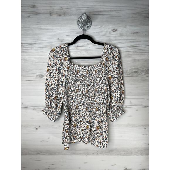 Max Studio Blouse Womens Large White Floral Smocked Peasant Square Neck Boho - Picture 9 of 9